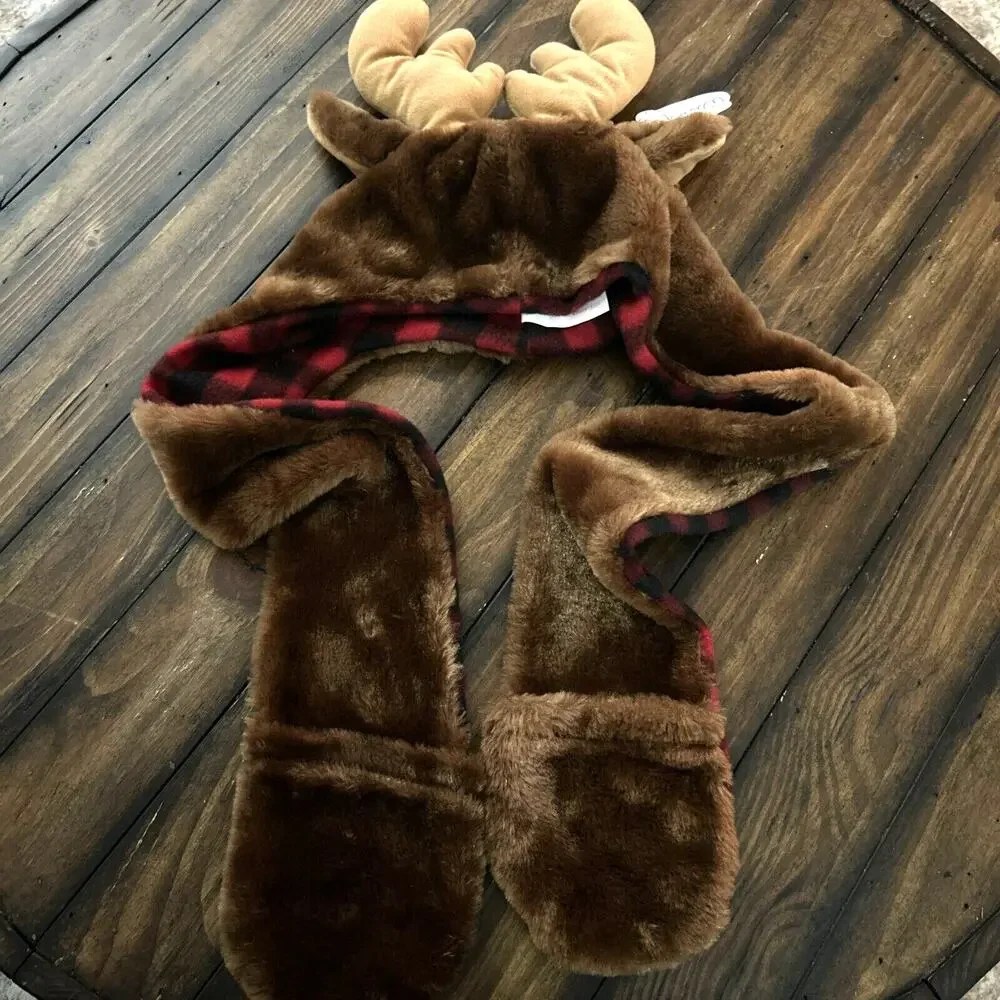 Wishpets 2012 Reindeer Toboggan Cap Plush Hat Mittens Plaid NWT - Picture 8 of 8